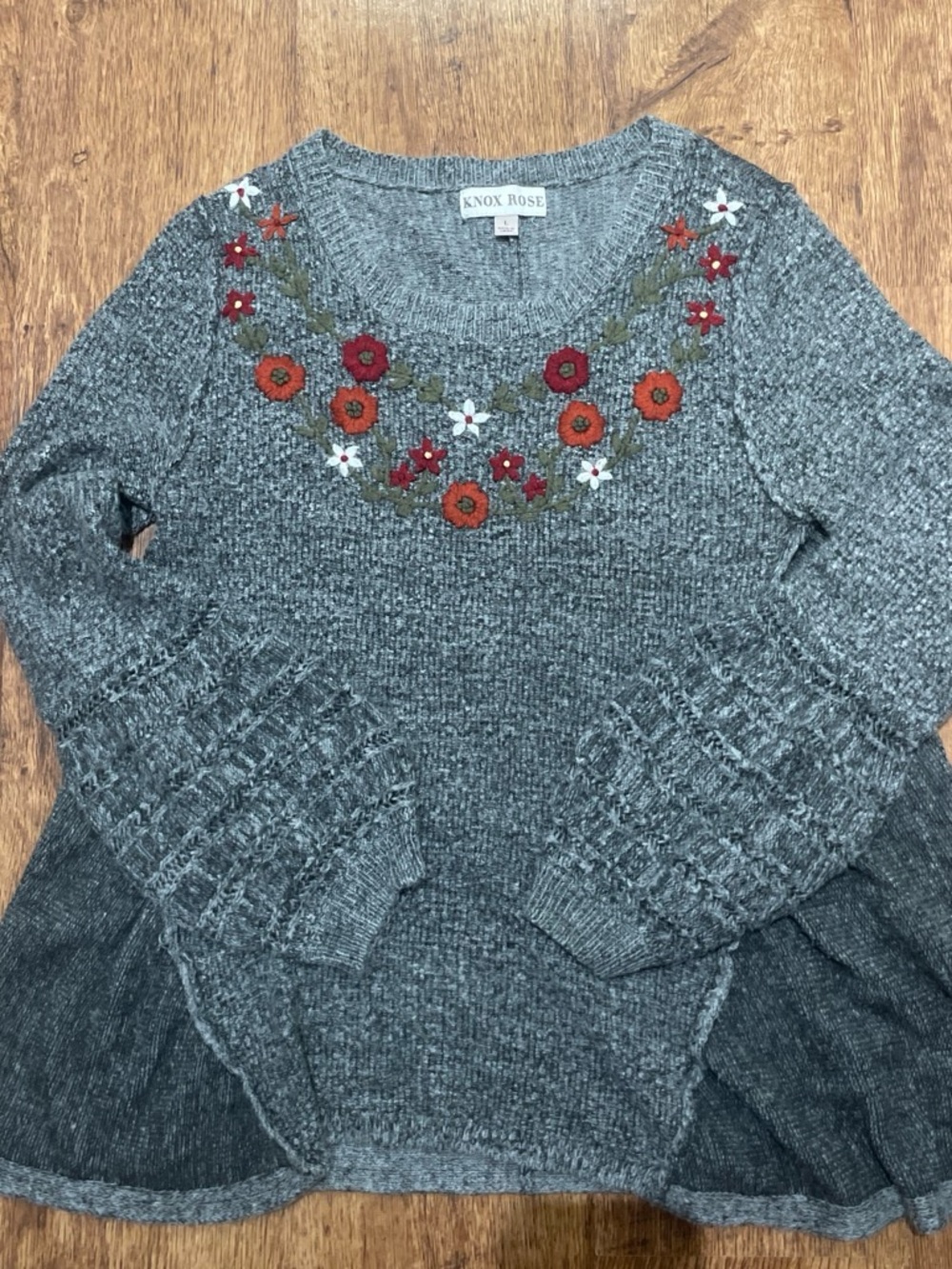 Knox Rose Gray Scoopneck Sweater with Embroidered Floral Yoke